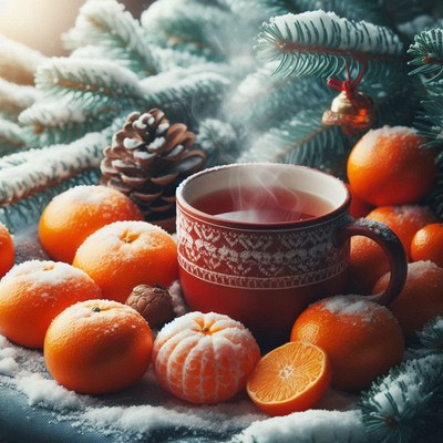 A warm cup of tea and juicy oranges on a snowy winter day