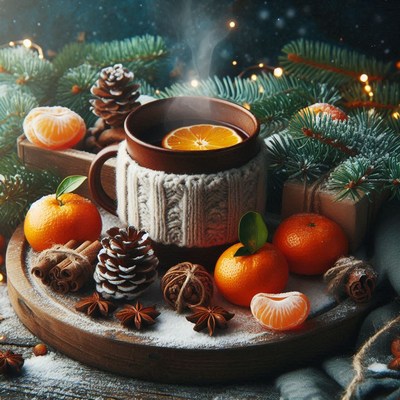 Hot tea with an orange slice on a wooden tray