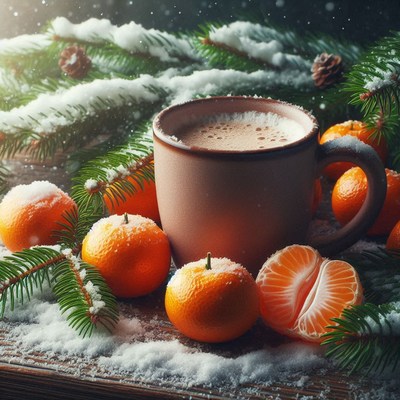 Cocoa mug rests with snow-covered tangerines