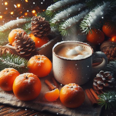 A mug of cocoa rests near oranges in the snow