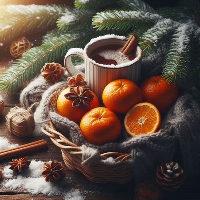 A cozy winter scene with oranges, cinnamon, and a warm drink