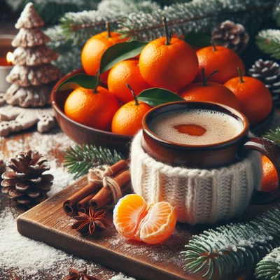 A warm mug of cocoa with a knitted cozy and fresh mandarins