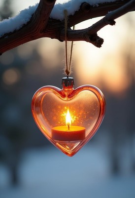 A heart-shaped ornament hangs from a snowy branch at sunset