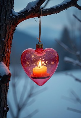 A heart-shaped lantern hangs from a snowy branch