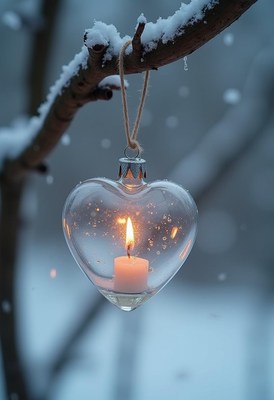 A heart-shaped lantern hangs from a snow-covered branch