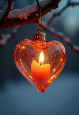 Heart ornament with a lit candle on snowy branch