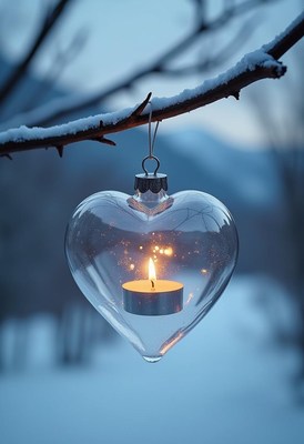 Heart-shaped ornament dangles from snowy branch