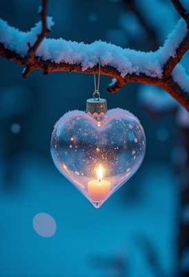 Heart-shaped ornament with a candle hangs on a snowy branch