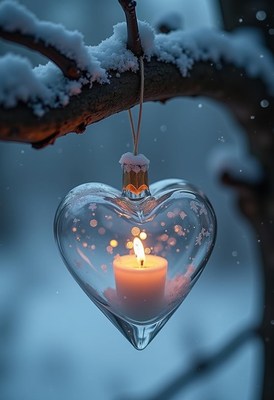 A heart-shaped glass ornament hangs from a snowy tree branch