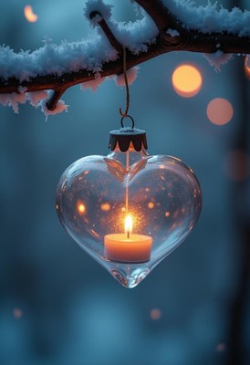 A heart-shaped glass ornament hangs from a snowy branch