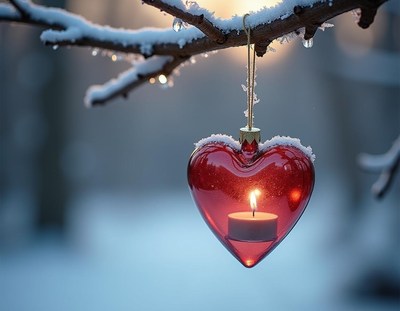 Red heart ornament with candle hangs from snowy branch