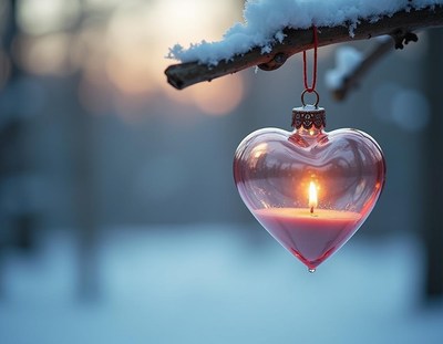 Heart-shaped candle ornament hangs on snowy branch