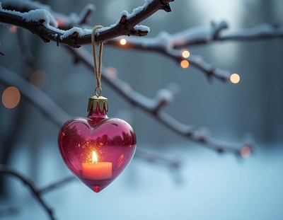 A heart-shaped ornament hangs from a snowy branch