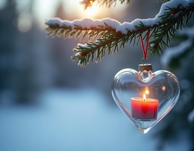 Heart ornament with candle on snowy pine branch
