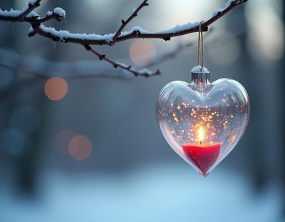 A heart-shaped glass ornament hangs from a snowy branch