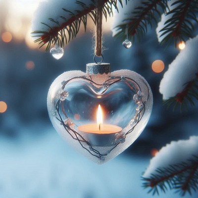 Heart ornament with a candle on snowy pine branch