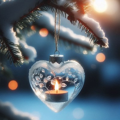 A heart ornament with a candle hangs on a snowy branch