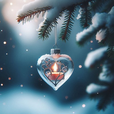 Heart-shaped candle ornament on snowy branch