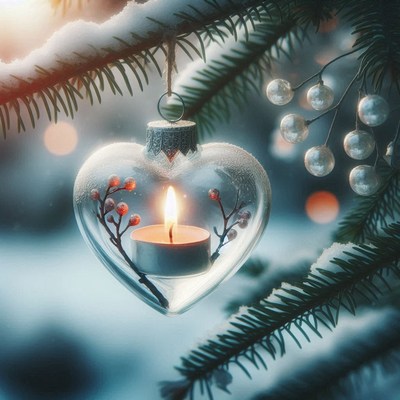 Heart ornament with a candle on snowy branch