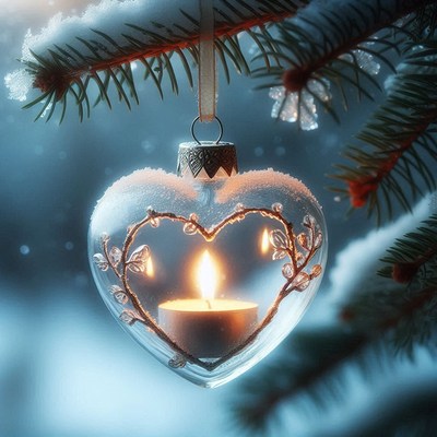 A heart-shaped glass ornament hangs from a snowy pine branch