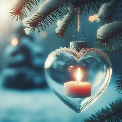 Heart ornament with candle on snowy branch
