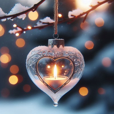 A heart-shaped ornament hangs from a snow-covered branch