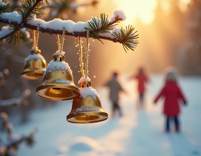 Three gold bells hang from a snow-covered pine branch