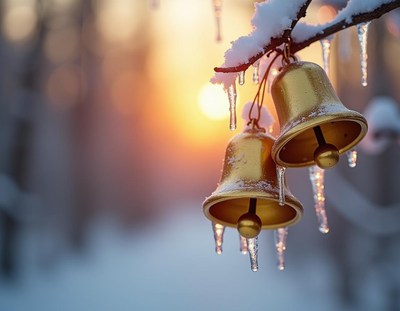 Golden bells hang from a snowy branch