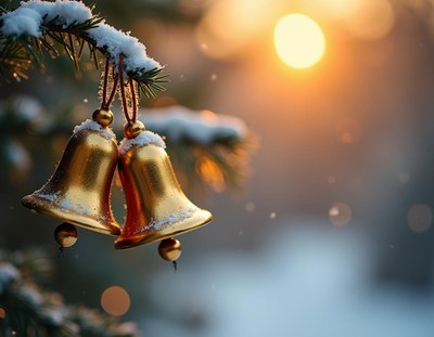 Golden bells hang from a snowy pine branch at sunset