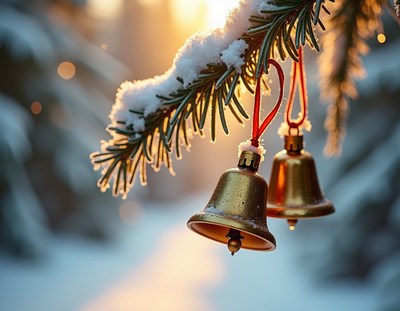 Golden bells hang on a snow-covered pine branch