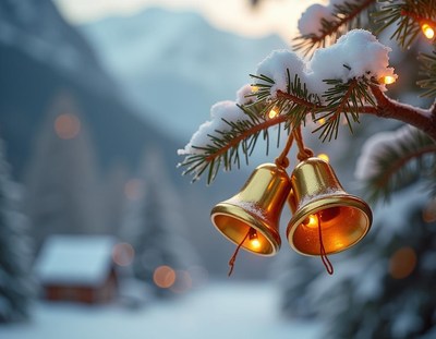 Golden bells hang on a snowy tree branch