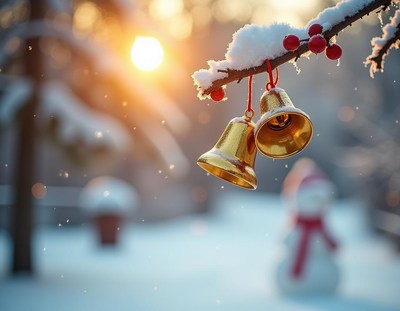 Golden bells hang from a snow-covered branch in the winter