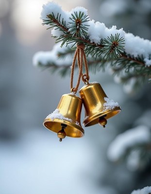 Golden bells hang on a snow-covered pine branch
