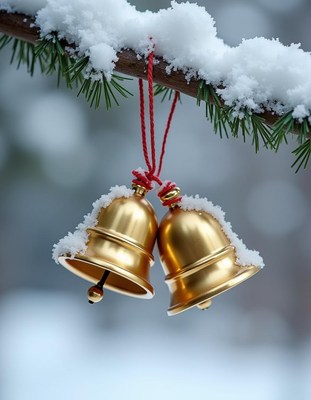 Golden bells hang from a snowy branch