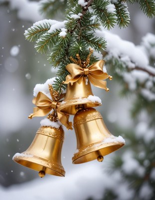 Golden bells hang from a snowy pine branch