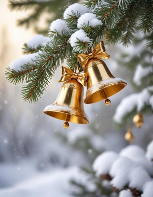 Golden bells adorn a snowy pine branch