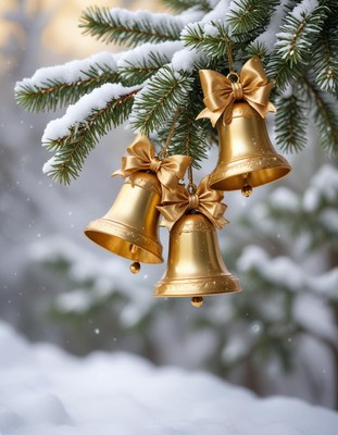 Golden bells hang on a snowy pine branch