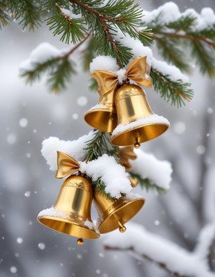 Golden bells hang on a snowy pine branch