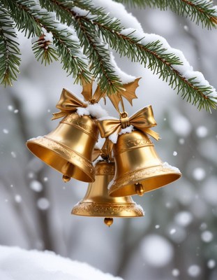Golden bells hang from a snowy pine branch