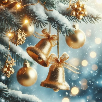 Golden bells hang from a snow-covered tree branch