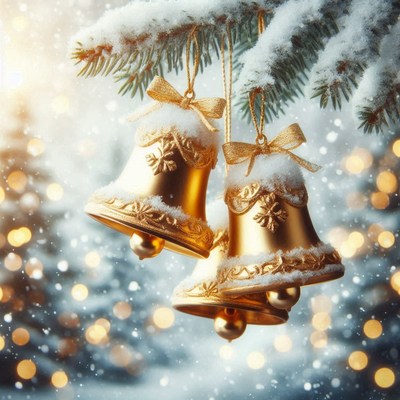 Golden bells hang from a snow-covered branch