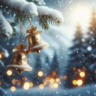 Golden bells hang on a snowy pine branch