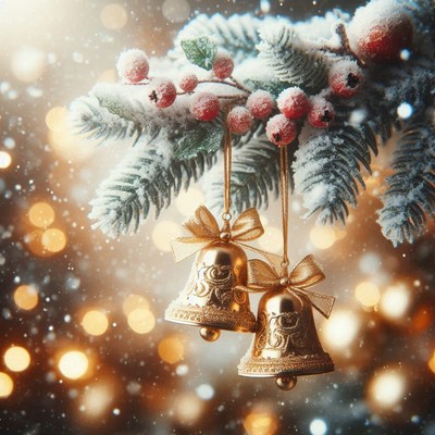 Golden bells hang from a snow-covered branch