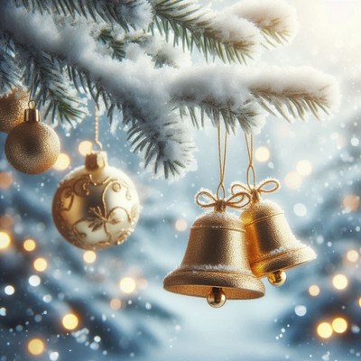 Golden bells hang on a snow-covered pine branch