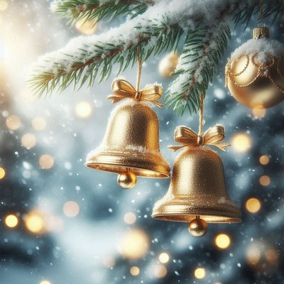 Golden bells hang on a snowy pine branch