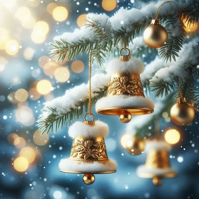 Golden bells hang on a snow-covered tree branch