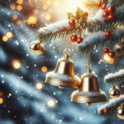 Golden bells hang on a snowy christmas tree branch