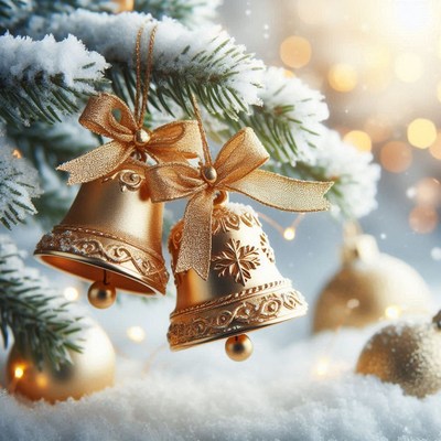 Golden bells hang from a snowy pine branch