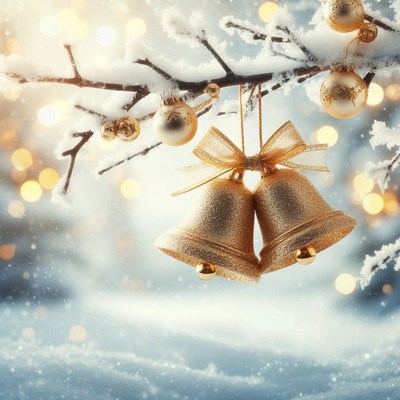 Golden bells hang from a snow-covered branch