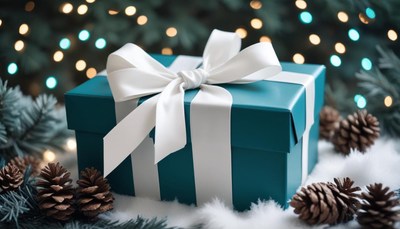 A teal gift box with a white bow sits under a christmas tree